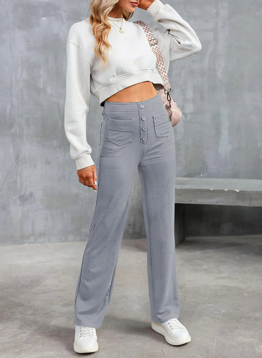 Inès - Elegant high-waisted wide-leg trousers with buttons