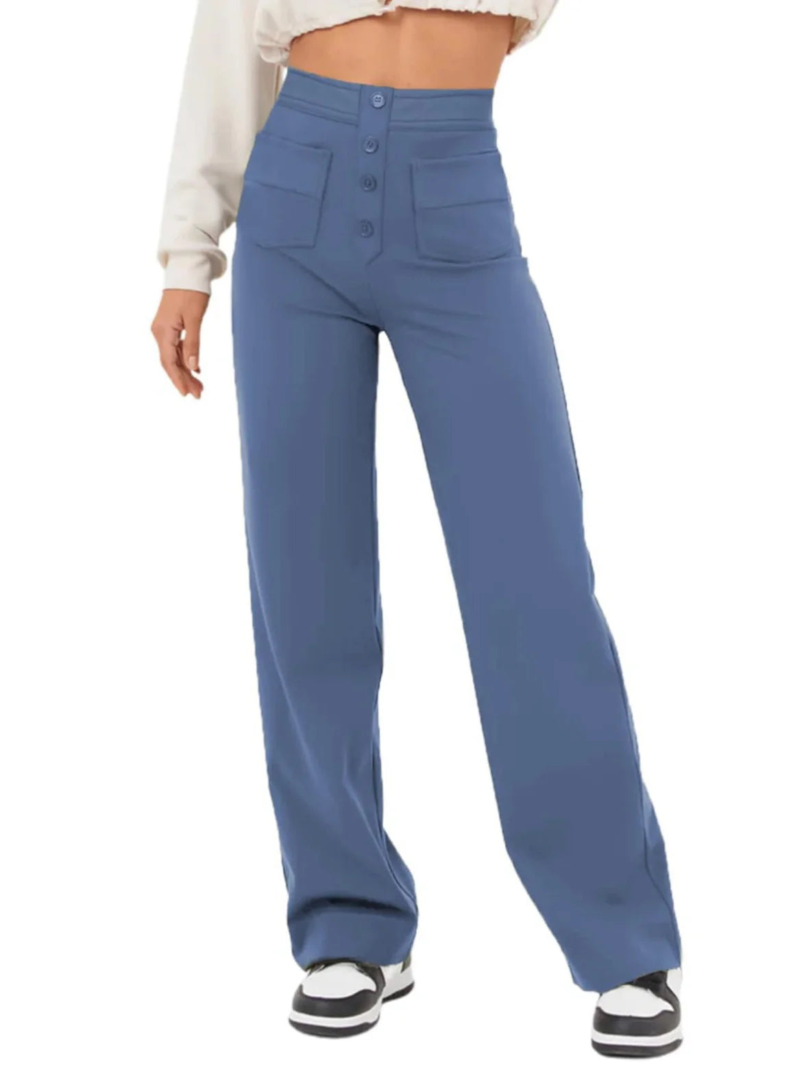 Inès - Elegant high-waisted wide-leg trousers with buttons